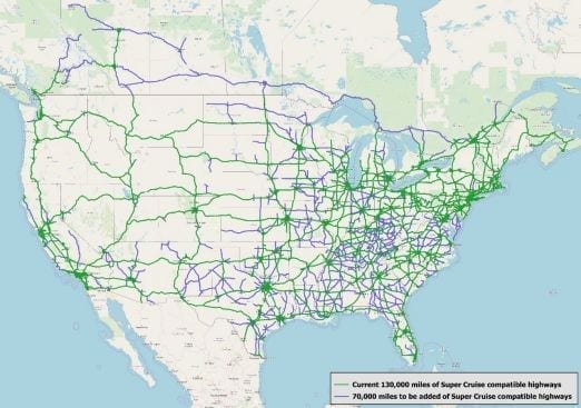 Super Cruise availability map of compatible, divided highways.