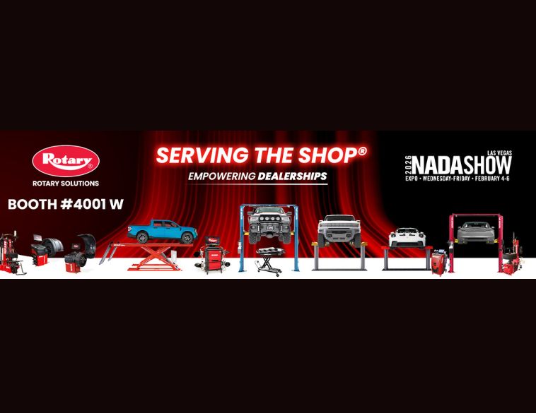 A promotional banner for Rotary Solutions featuring the slogan "Serving the Shop: Empowering Dealerships" against a red and black draped background. The image displays the Rotary logo, the 2026 NADA Show logo for Las Vegas (February 4–6), and booth number 4001W. Below the text, a lineup of automotive service equipment is shown, including wheel balancers, alignment scissor lifts, and two-post lifts holding various vehicles like a pickup truck and a sports car.