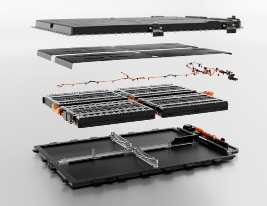 Exploded view diagram of an electric vehicle (EV) battery pack highlighting the internal modules, wiring, and casing. These critical EV battery components illustrate the assembly process that often relies on parts sourced from China.