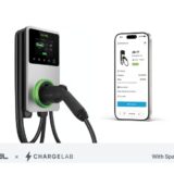 An Autel MaxiCharger EV charging station is shown next to a smartphone displaying the ChargeLab mobile app interface. Below the hardware and phone are the Autel and ChargeLab logos, alongside the text "With Spark™ AI".