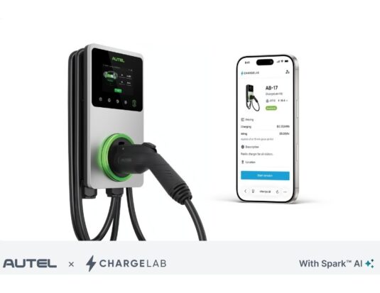An Autel MaxiCharger EV charging station is shown next to a smartphone displaying the ChargeLab mobile app interface. Below the hardware and phone are the Autel and ChargeLab logos, alongside the text "With Spark™ AI".