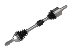A studio shot of a GSP XD CV axle, which is the company's top-selling CV axle range in Canada. The image features a metal shaft with durable black rubber boots and silver-finished joints, displayed against a solid black background.