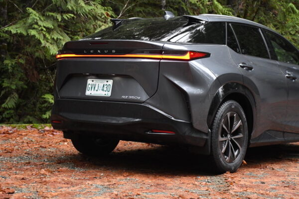 Vue arrière de trois quarts d'un VUS électrique Lexus RZ 300e gris stationné dans un sous-bois, mettant en évidence son design complexe et ses feux arrière à DEL.