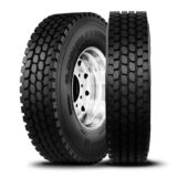 Two Double Coin RLB452 drive tires shown from the side and front to display the tread pattern and sidewall branding.