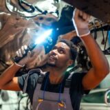 An automotive technician using a handheld flashlight to inspect the undercarriage of a vehicle in a service center.