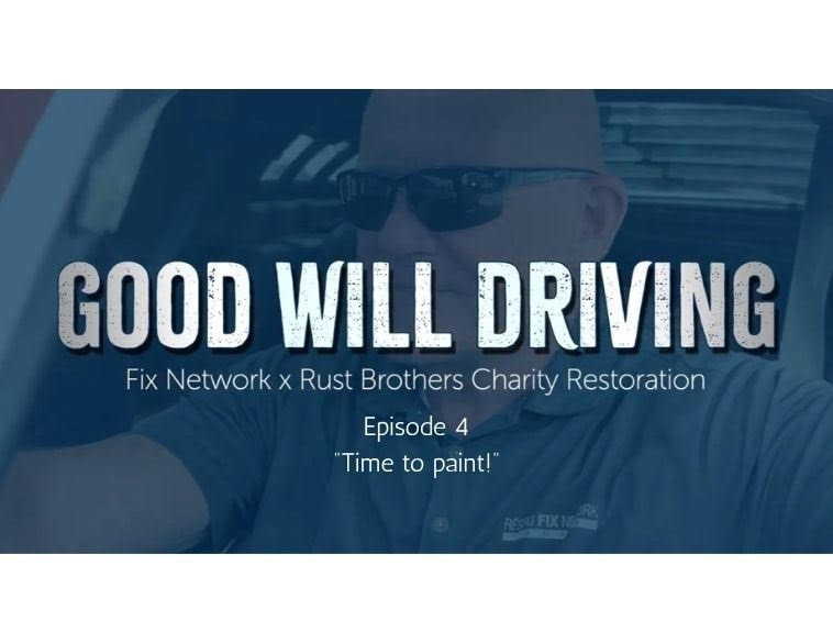 Image promotionnelle de l’épisode 4 de Good Will Driving, intitulé « Place à la peinture ! », montrant un homme portant un chandail du Réseau Fix et les détails du projet de restauration caritative avec Rust Brothers.