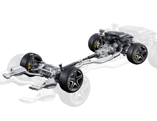 A detailed technical illustration of a vehicle’s complete undercarriage, drivetrain, and suspension system against a white background. The rendering showcases complex components like the engine, CV axles, hub assemblies, and exhaust system, reflecting GSP North America’s focus on engineering high-quality undercar products built for reliability in extreme conditions.