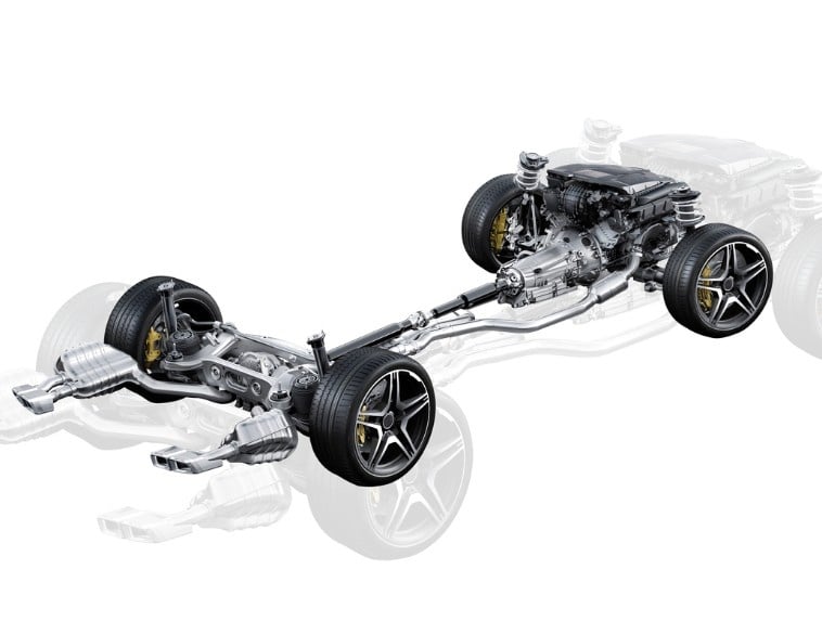 A detailed technical illustration of a vehicle’s complete undercarriage, drivetrain, and suspension system against a white background. The rendering showcases complex components like the engine, CV axles, hub assemblies, and exhaust system, reflecting GSP North America’s focus on engineering high-quality undercar products built for reliability in extreme conditions.