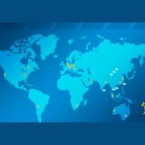 A blue world map featuring yellow location pins and white icons that illustrate the global reach and international presence of Magna Tyres across several continents.