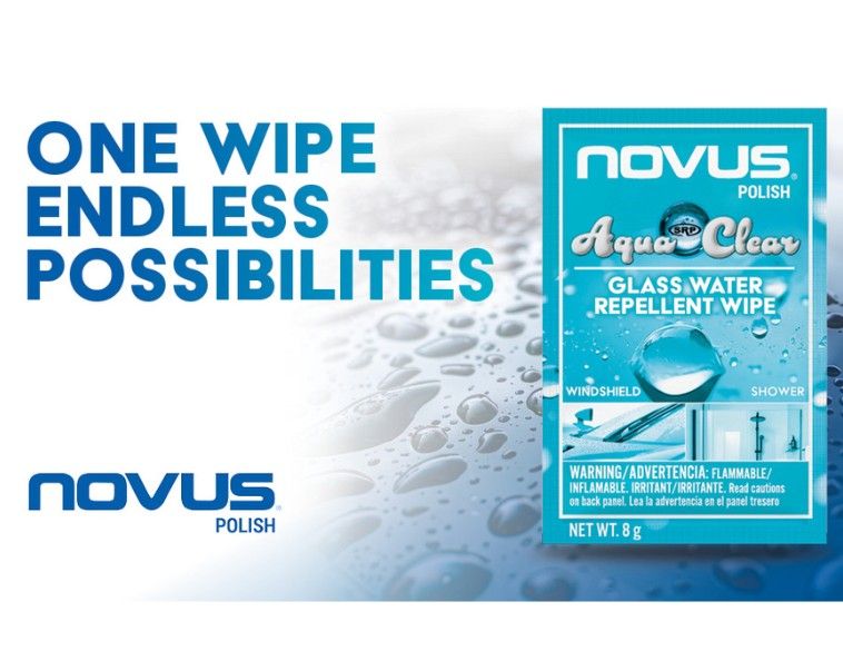 Promotional graphic for NOVUS® Polish AquaClear Glass Water Repellent Wipe featuring a blue product sachet and the headline "ONE WIPE ENDLESS POSSIBILITIES" against a background of water droplets. Inset images show the product's use on car windshields and glass showers.