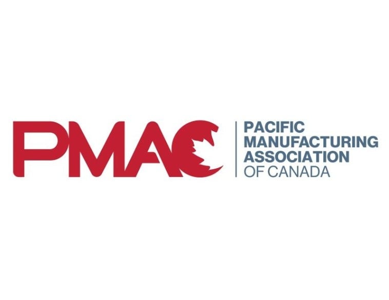 Logo of the Pacific Manufacturing Association of Canada (PMAC). The acronym "PMAC" is displayed in large red letters with a white maple leaf silhouette inside the letter "C," accompanied by the full name of the association in blue text on the right.