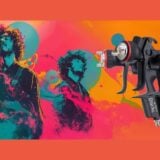 Matte black SATAjet 100 B Black spray gun with red accents, displayed against a vibrant orange and pink artistic background featuring a stylized blue portrait of a musician.