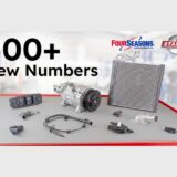 Standard Motor Products promotional image for their Q1 2026 release , featuring the text "500+ New Numbers" and logos for Four Seasons and Standard. The image displays various automotive parts including an A/C compressor , heater core , power window switch , and ABS sensor cable.