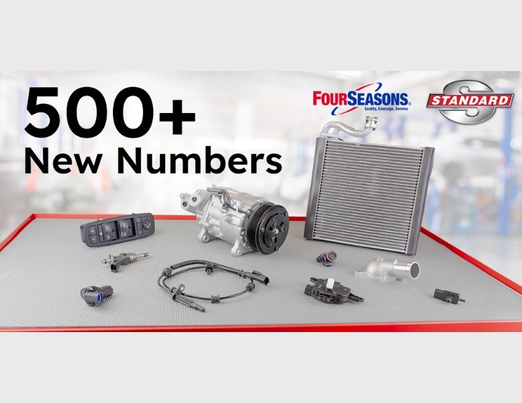 Standard Motor Products promotional image for their Q1 2026 release , featuring the text "500+ New Numbers" and logos for Four Seasons and Standard. The image displays various automotive parts including an A/C compressor , heater core , power window switch , and ABS sensor cable.