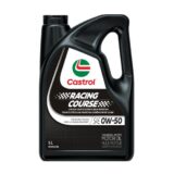 A 5-liter black jug of Castrol Racing Course motor oil featuring the Castrol logo and specifying SAE 0W-50 Advanced Full Synthetic Motor Oil.