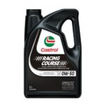 Un bidon noir de 5 litres d'huile moteur Castrol Racing Course affichant le logo Castrol et les spécifications SAE 0W-50 Advanced Full Synthetic Motor Oil.