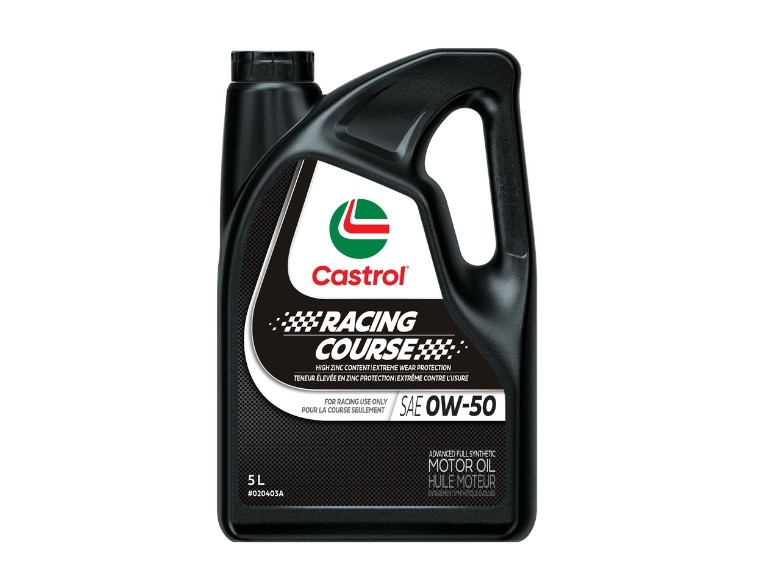 Un bidon noir de 5 litres d'huile moteur Castrol Racing Course affichant le logo Castrol et les spécifications SAE 0W-50 Advanced Full Synthetic Motor Oil.