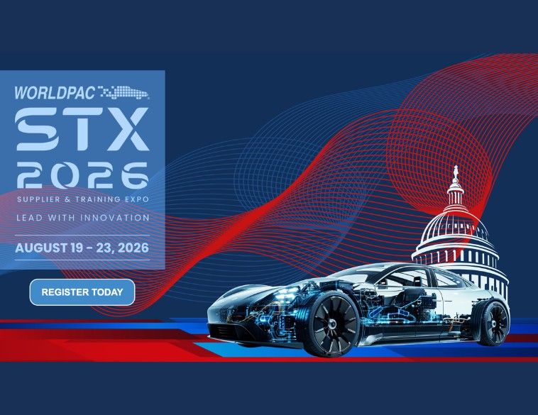 Promotional graphic for the Worldpac STX 2026 Supplier & Training Expo, taking place August 19 to 23, 2026. The image features a futuristic vehicle cutaway showing internal electronic components, the U.S. Capitol dome signifying the National Harbor, Maryland location , and the event tagline "Lead with Innovation."