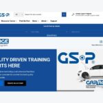 GSP Garage Support Program website homepage showing the "Quality Driven Training Starts Here" headline, account sign-in buttons, and a white hatchback car next to the GSP logo.