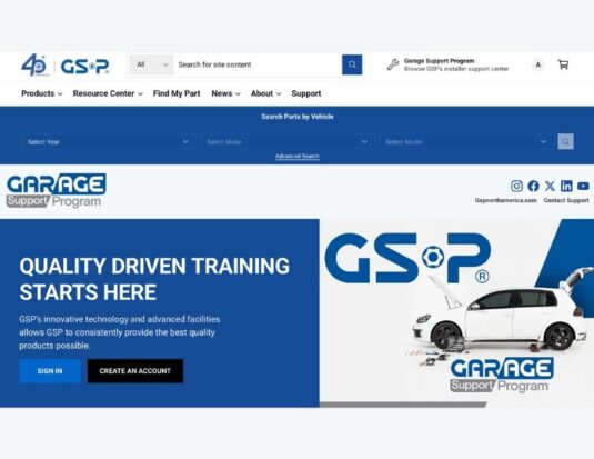 GSP Garage Support Program website homepage showing the "Quality Driven Training Starts Here" headline, account sign-in buttons, and a white hatchback car next to the GSP logo.