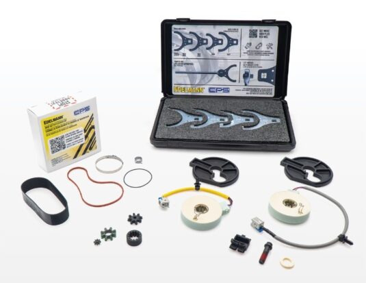 Edelmann EPS repair kits and components displayed on a white background, including a drive belt, torque sensors, motor couplings, gaskets, and a specialized tool set.