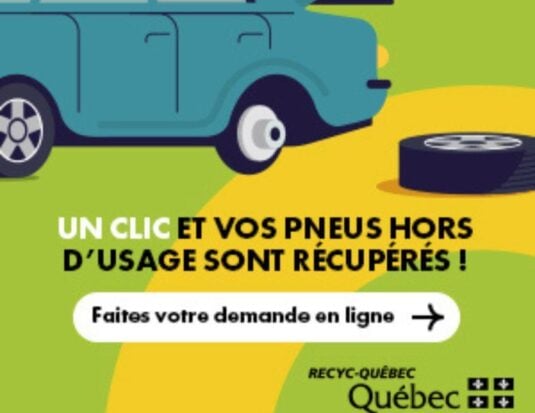 Bannière de RECYC-QUÉBEC illustrant une voiture sans roue avec un pneu posé au sol. Le texte indique : « Un clic et vos pneus hors d'usage sont récupérés ! » suivi d'un bouton pointant vers la droite avec la mention « Faites votre demande en ligne ».